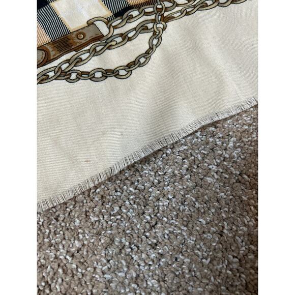 Women's large blanket scarf raw hem beige/tan/brown chain detail scrolling - Picture 3 of 8